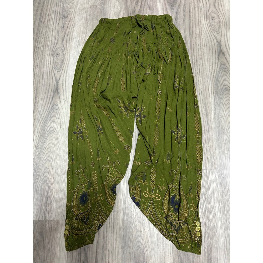 Belma Womens Boho Harem Genie Pants Rayon Regular Green Paisley Metallic Gold OS